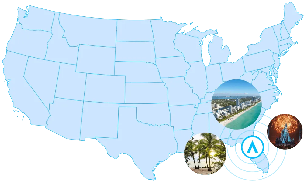 Map of the USA highlighting Florida and featuring a sober companions logo
